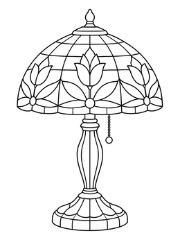 An ornate vintage lamp coloring page featuring stained glass tulip patterns.