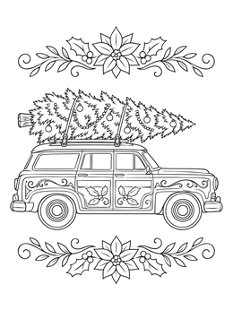 A vintage christmas car coloring page carrying a decorated tree on its roof with floral borders.