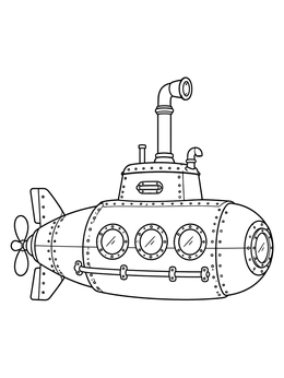 Vintage submarine coloring page featuring riveted metal panels and portholes.