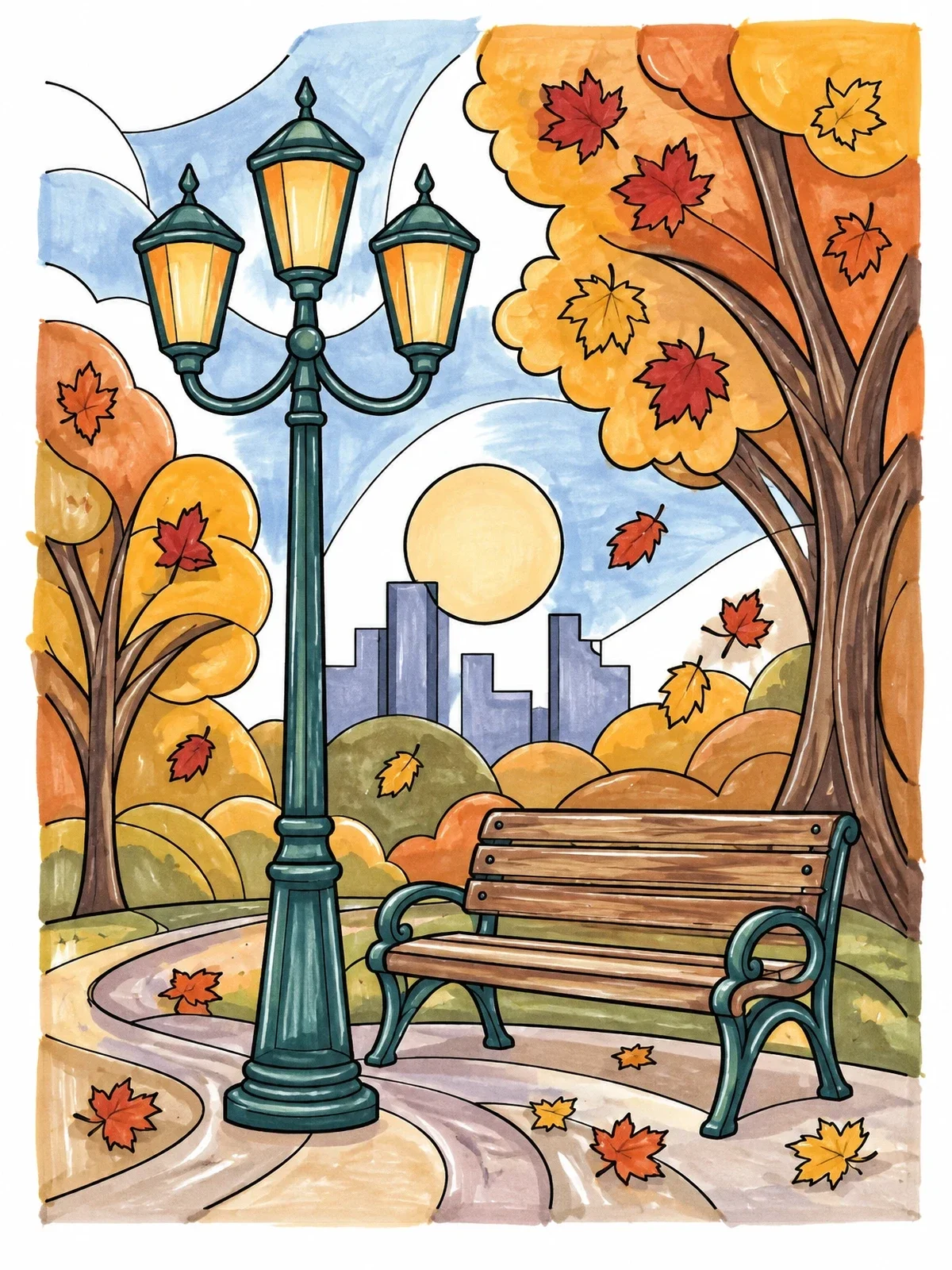 Colored example of the Vintage Street Lamp And Park Bench coloring page