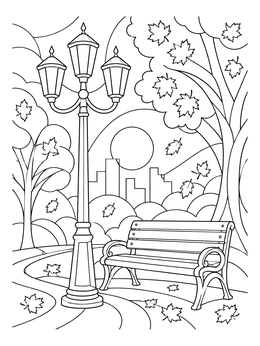 An autumn lamp coloring page showing a three-headed street lantern beside a wooden park bench.