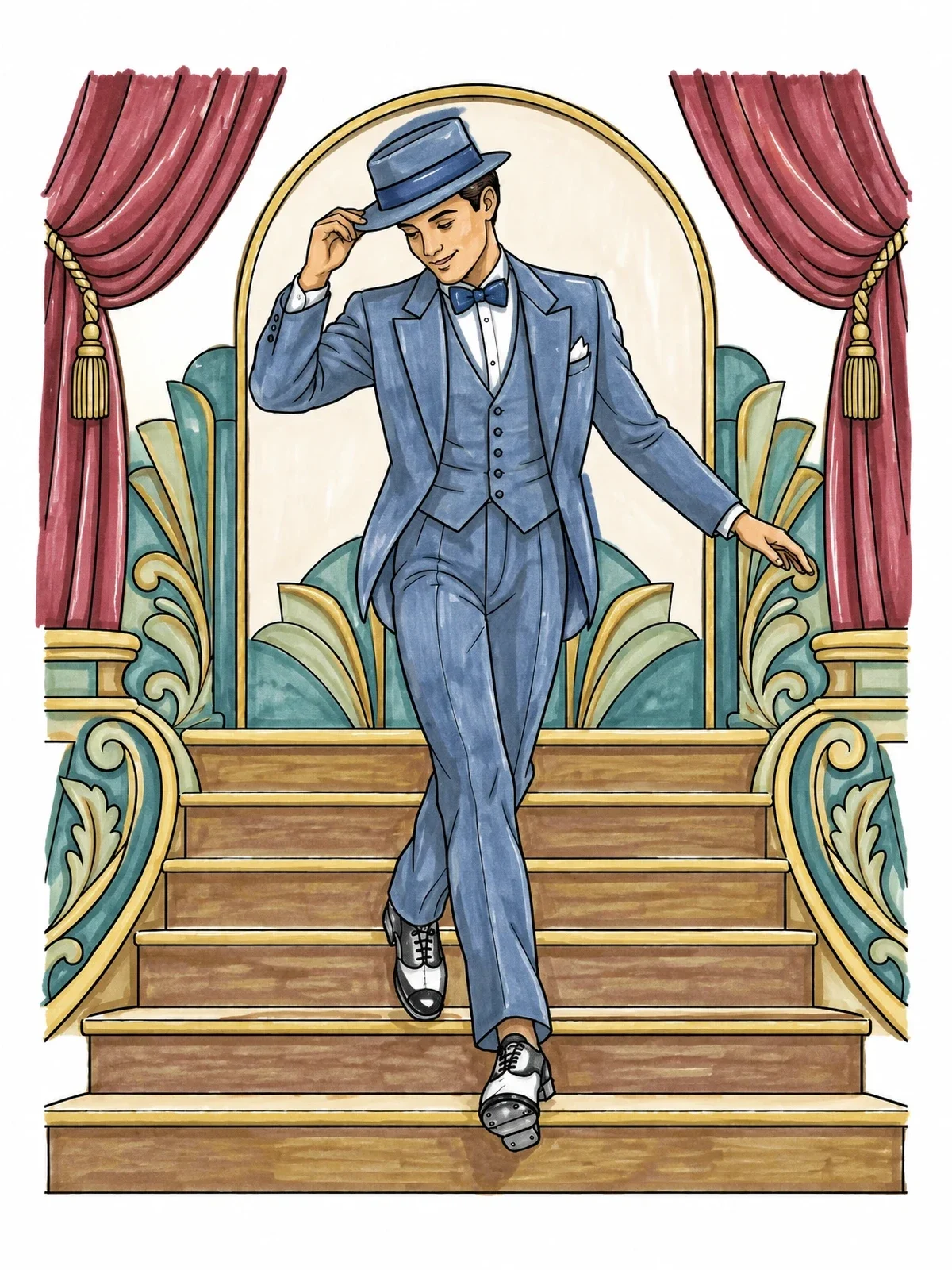 Colored example of the Vintage Tap Dancer On Stage coloring page
