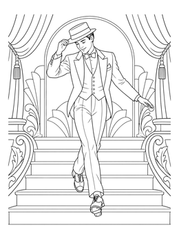 A stylish performer descends theatrical steps in this dance coloring page.