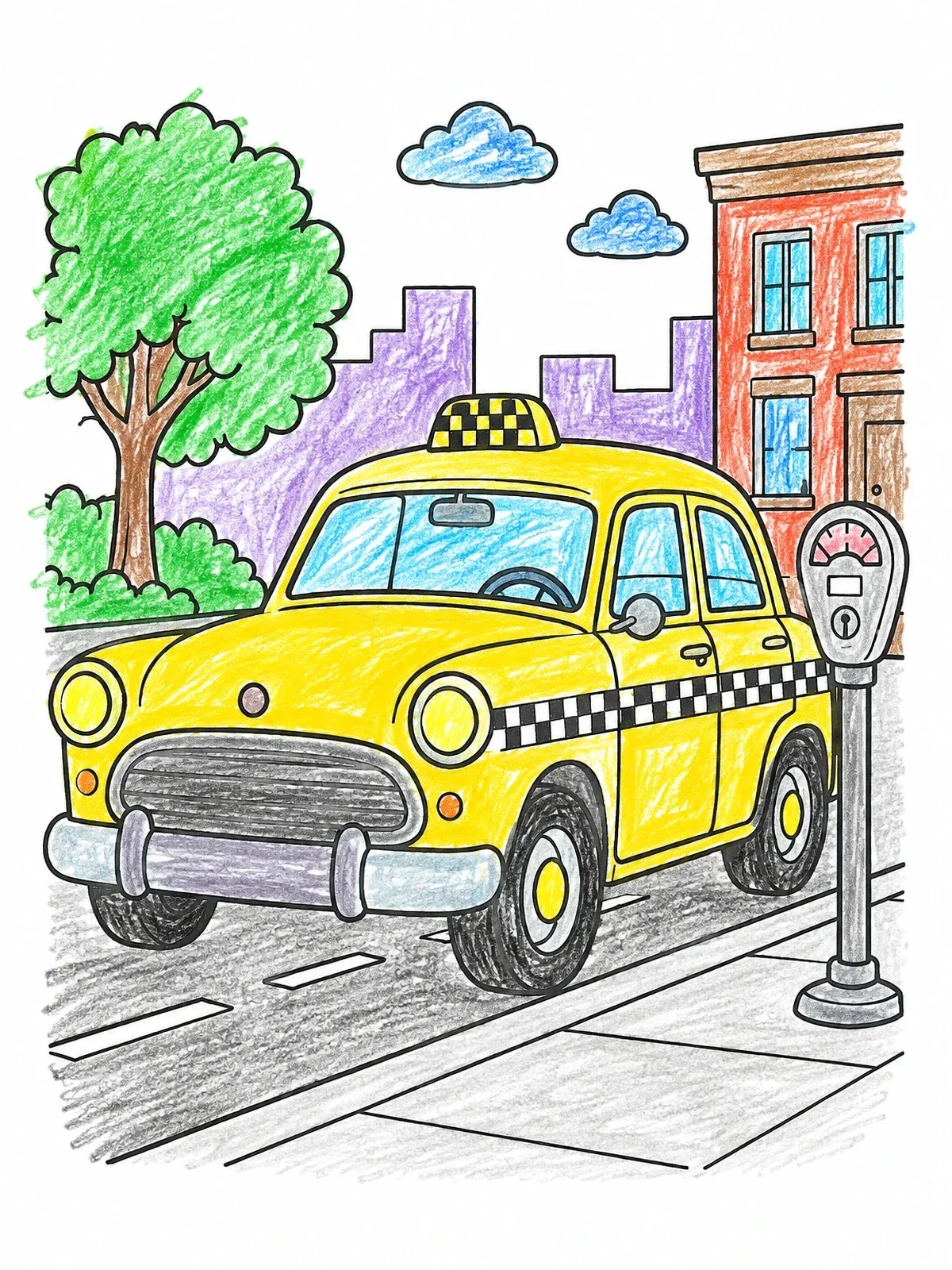 Colored example of the Vintage Taxi By Parking Meter coloring page