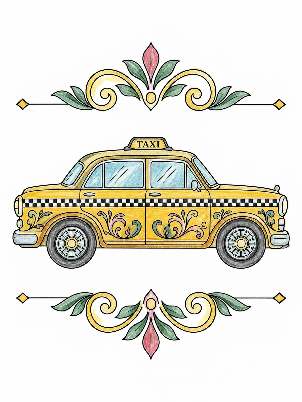 Colored example of the Vintage Taxi Cab With Ornamental Borders coloring page