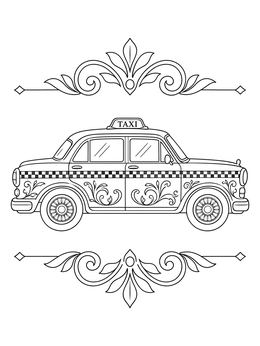 Side view of a vintage car in this taxi coloring page framed by elegant floral ornaments.