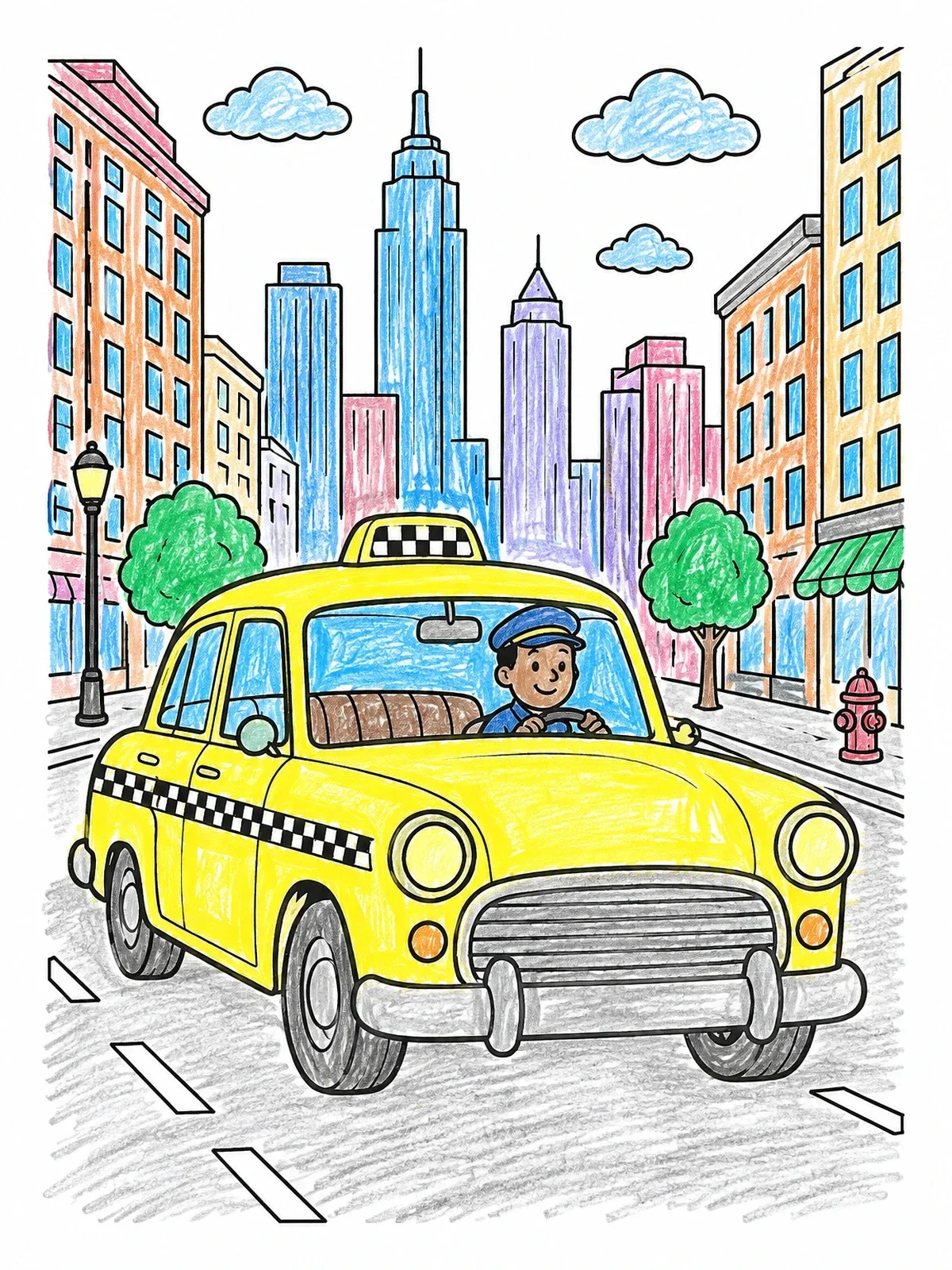 Colored example of the Vintage Taxi Driving Through The City coloring page