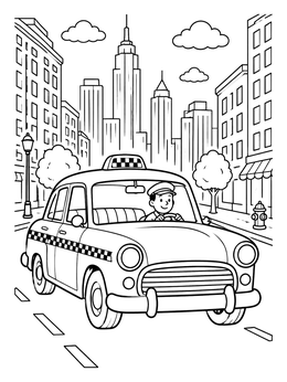 Free printable Vintage Taxi Driving Through The City coloring page