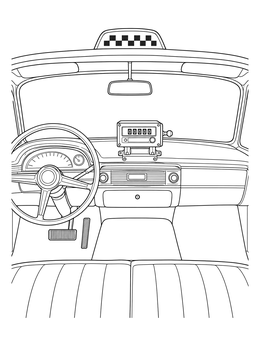 Classic taxi coloring page featuring a vintage dashboard, steering wheel, and mechanical fare meter.