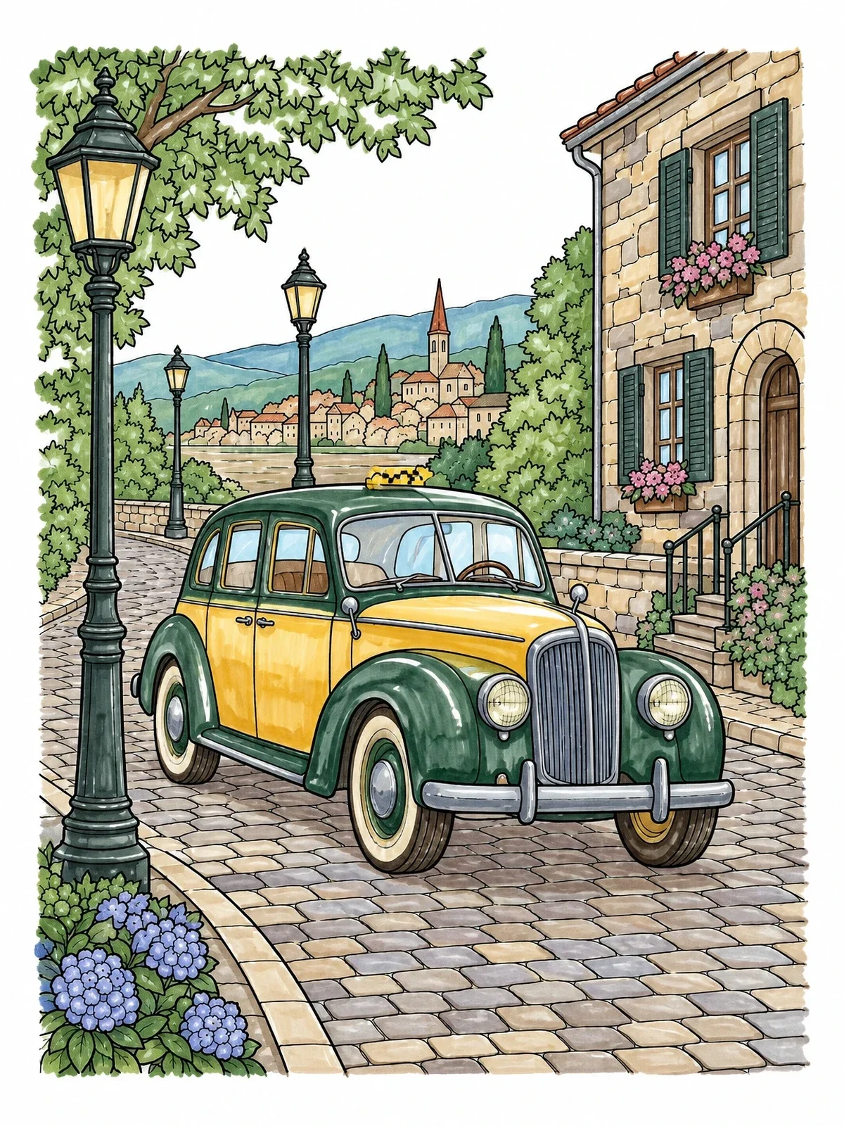 Colored example of the Vintage Taxi On Cobblestone Street coloring page