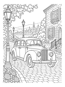 A vintage taxi coloring page driving along a scenic cobblestone village road.