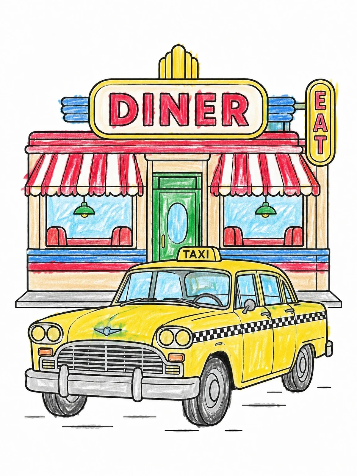 Colored example of the Vintage Taxi In Front Of Diner coloring page