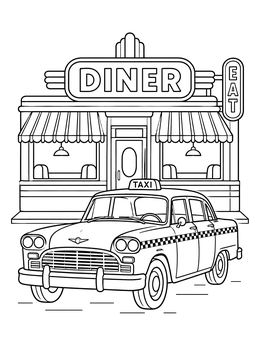 A vintage cab parked outside a retro eatery in this taxi coloring page.