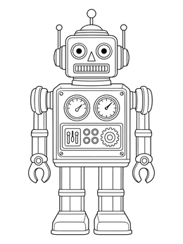 A classic vintage tin robot coloring page with dials and antennas.