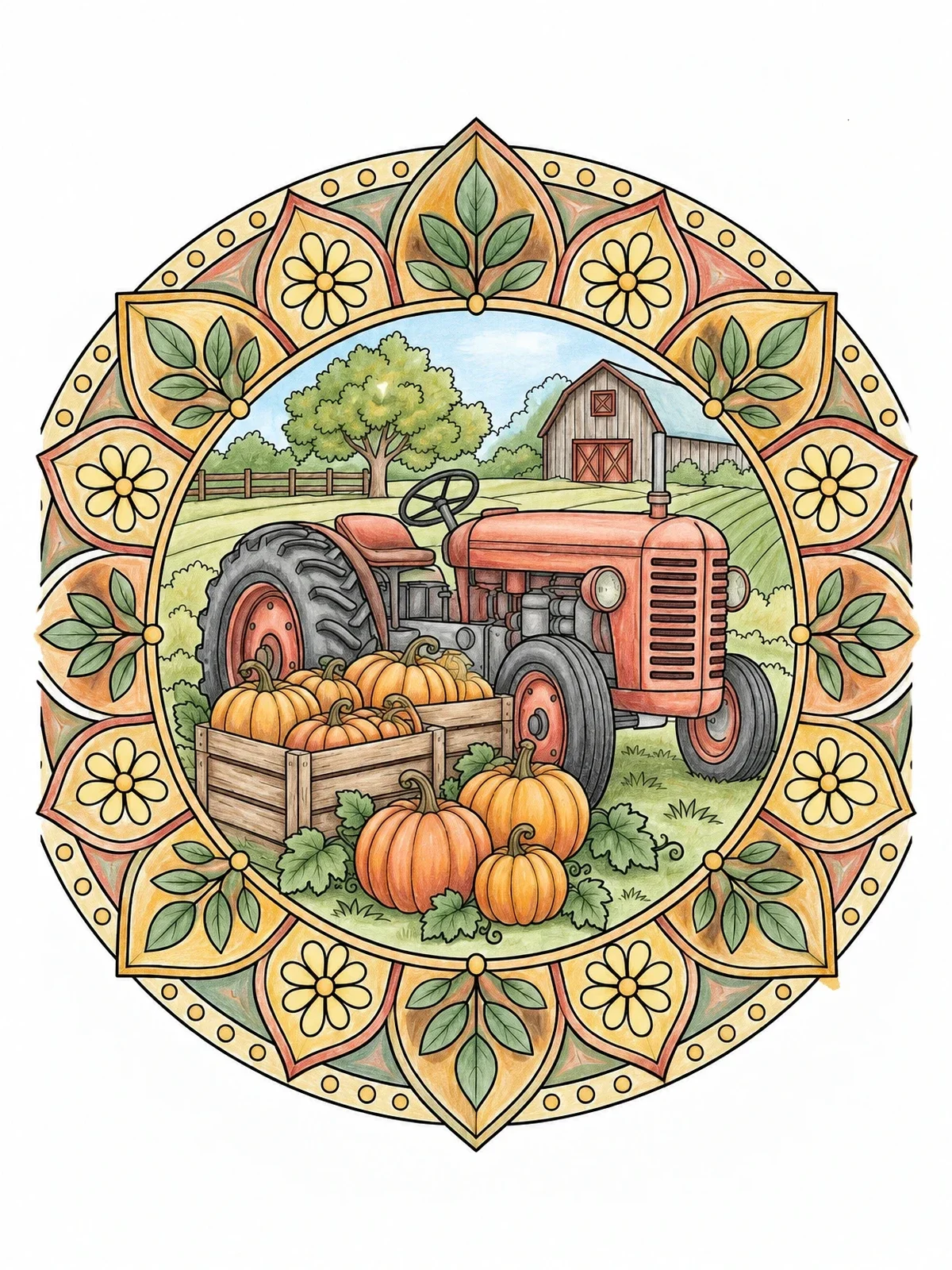 Colored example of the Vintage Tractor And Harvest Pumpkins Mandala coloring page