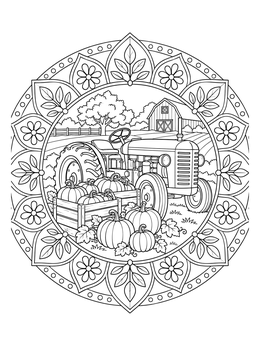 A vintage tractor by crates of harvest vegetables on this pumpkin coloring page framed in a floral mandala.