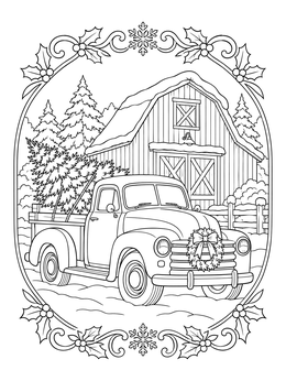 A vintage truck carrying a pine tree in this christmas tree coloring page.