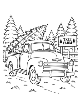 A vintage pickup carries a cut pine in this christmas tree coloring page set at a farm.