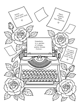 A vintage typewriter surrounded by roses features on this writer coloring page.