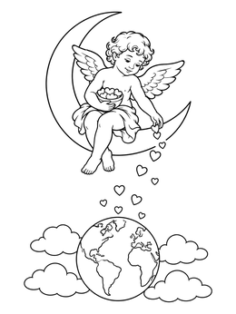 A vintage valentine coloring page featuring a cherub on a crescent moon dropping hearts down to planet Earth.