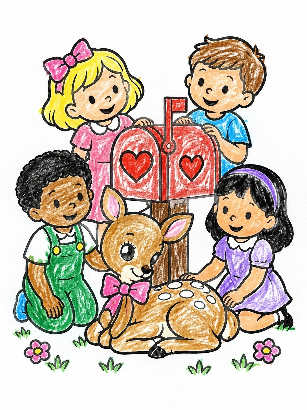 Colored example of the Children And Retro Fawn By Valentine Mailbox coloring page