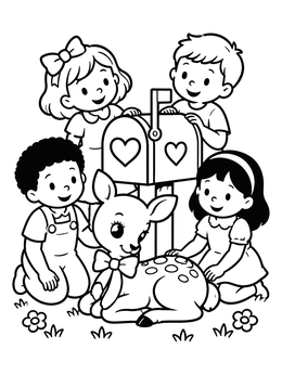 Free printable Children And Retro Fawn By Valentine Mailbox coloring page