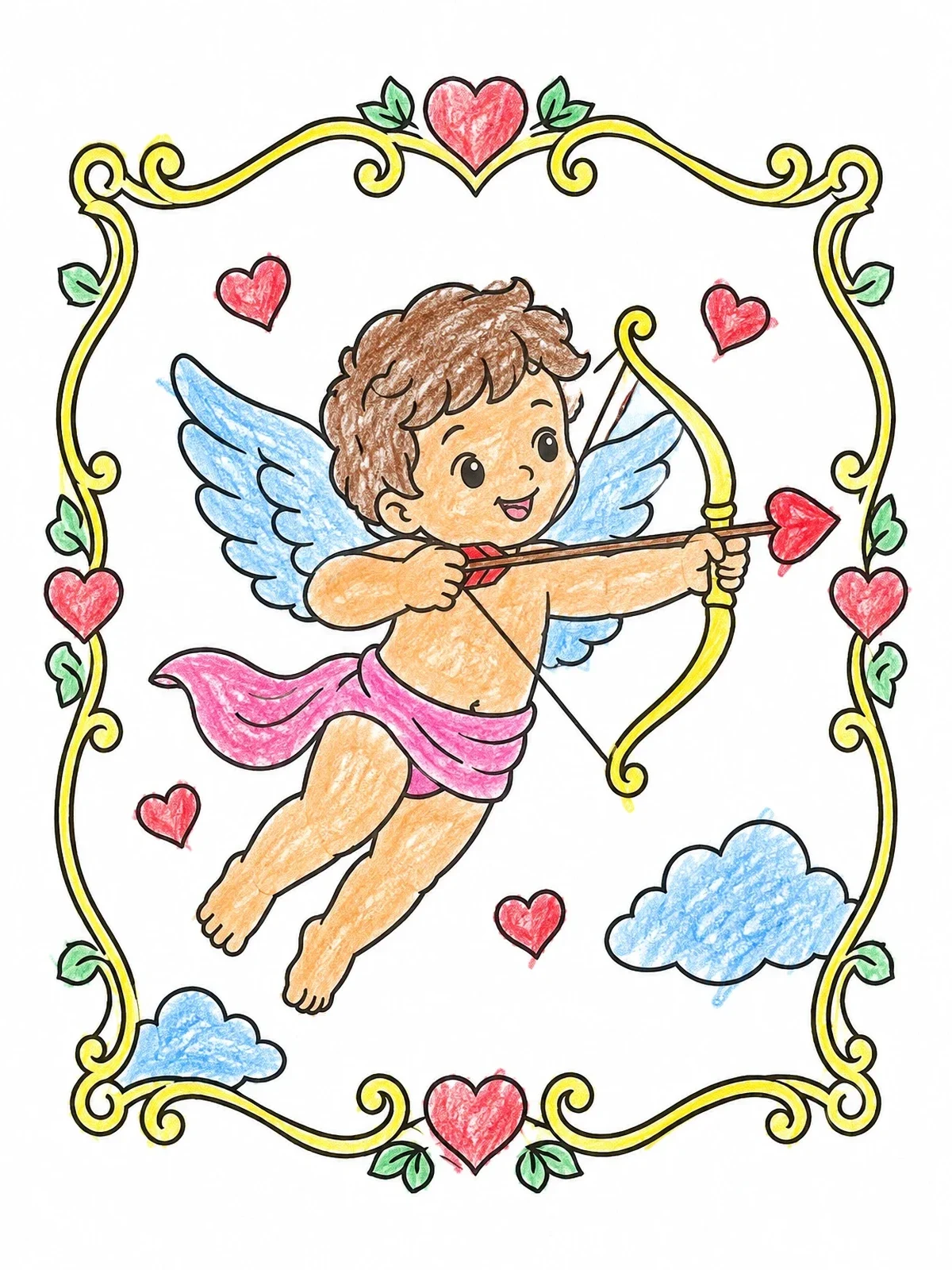 Colored example of the Cute Cupid With Bow And Arrow coloring page