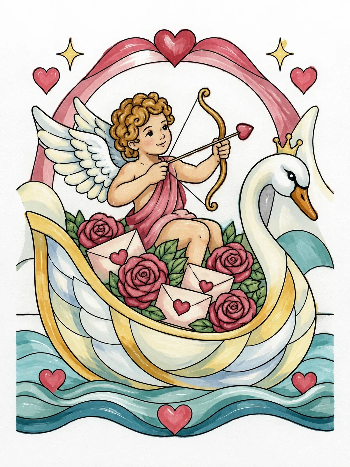 Colored example of the Cupid In Swan Boat With Roses coloring page