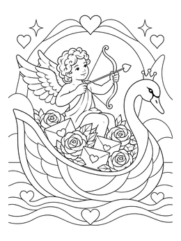 A vintage valentine coloring page featuring Cupid riding a swan boat with roses and love letters.