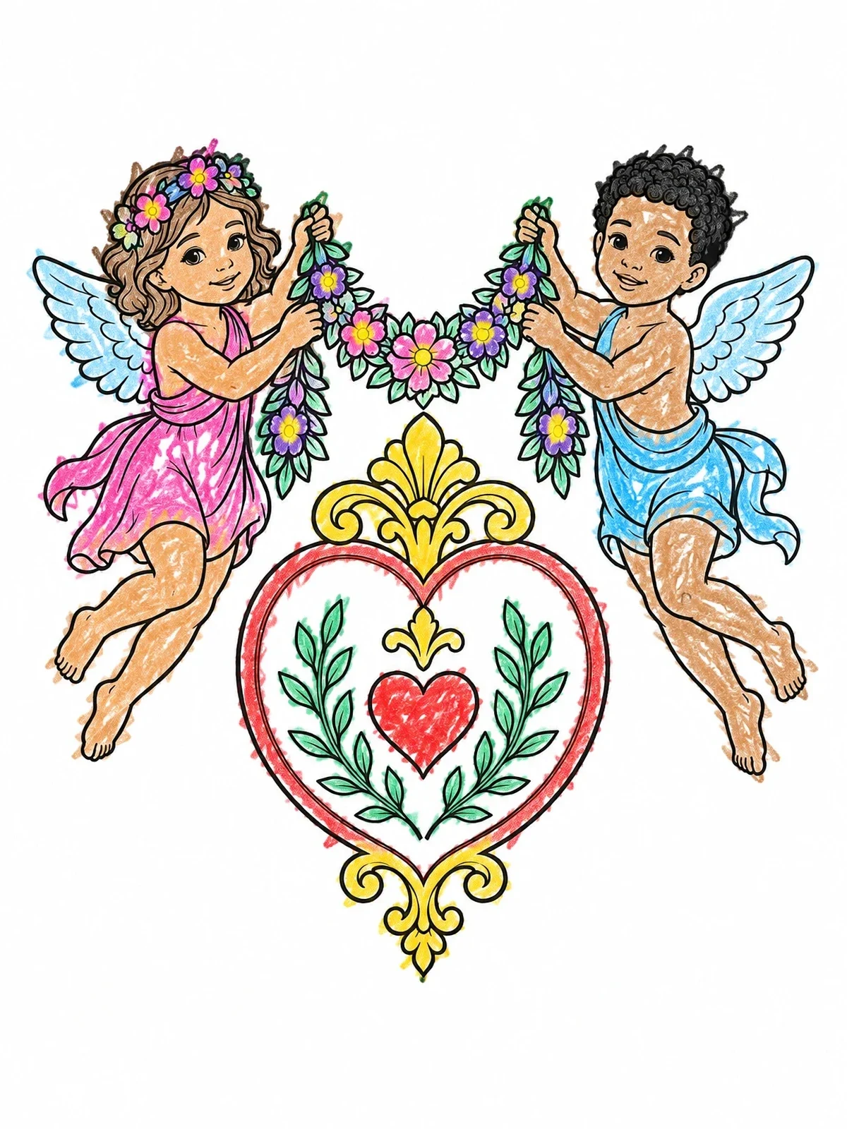 Colored example of the Cupids With Floral Garland And Heart Crest coloring page