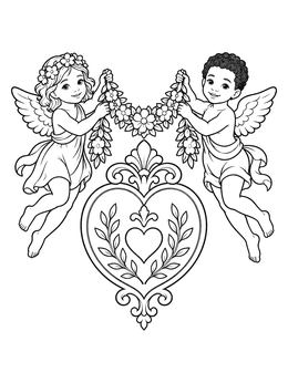 Two winged cherubs hold a flower garland in this vintage valentine coloring page.