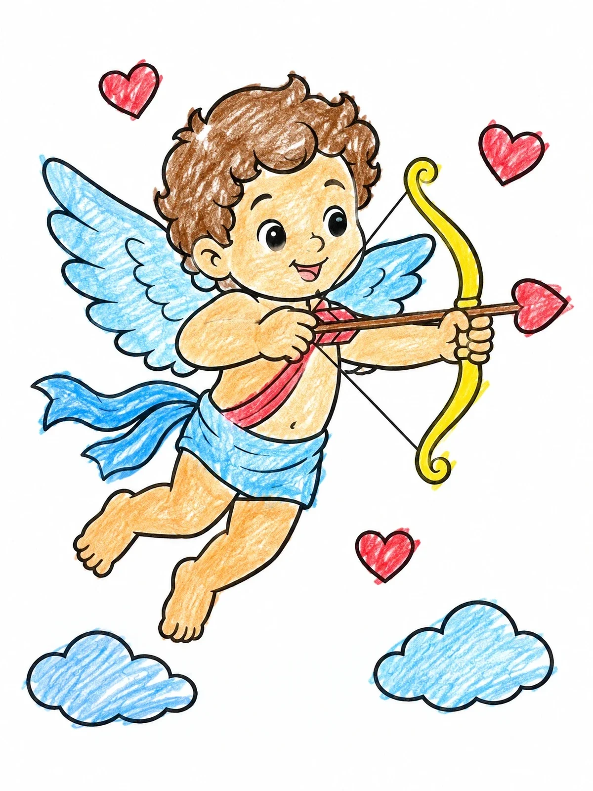 Colored example of the Cute Flying Cupid With Bow And Arrow coloring page