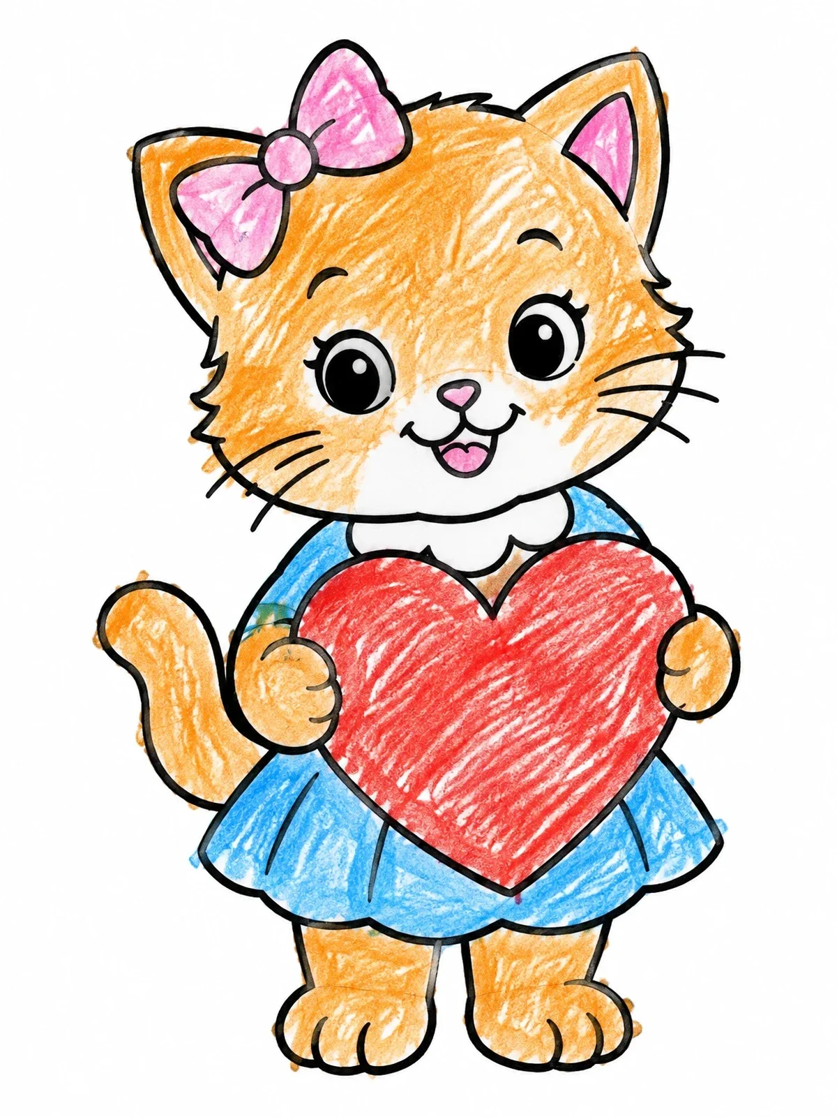 Colored example of the Cute Kitten Holding Big Heart coloring page