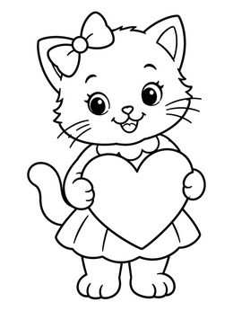 Free printable Cute Kitten Holding Big Heart coloring page