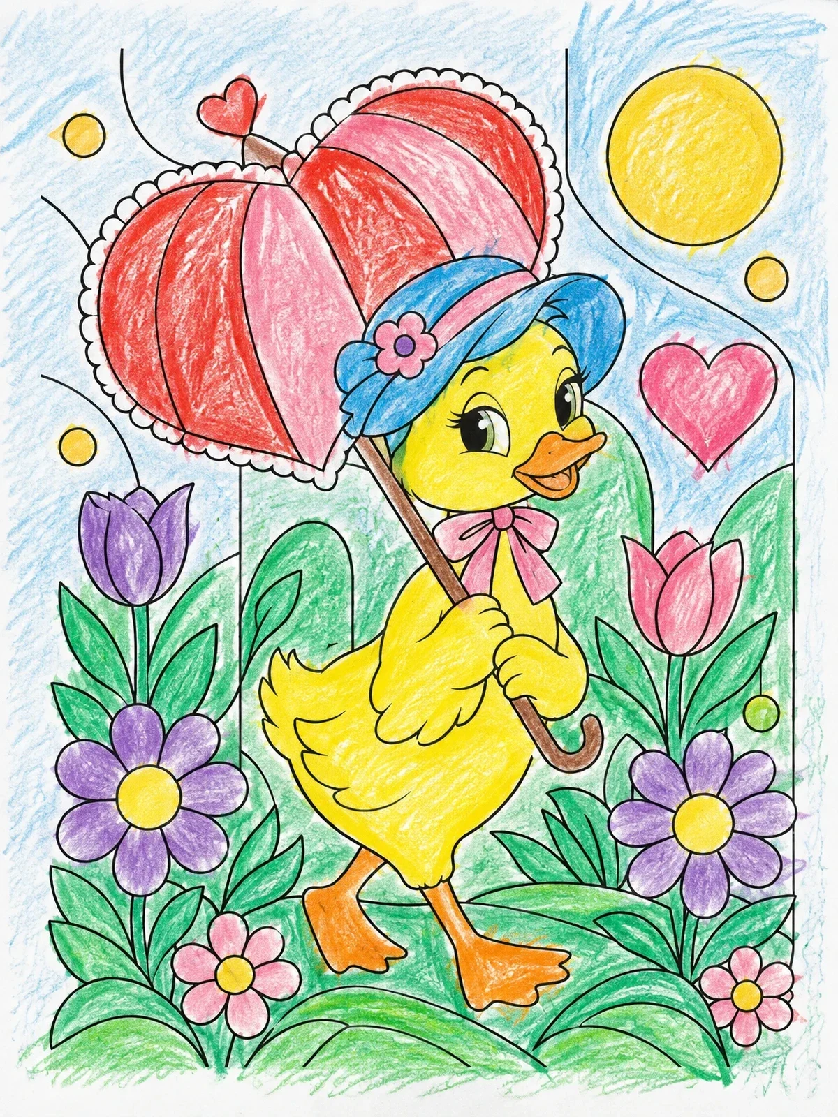 Colored example of the Duckling With Heart Umbrella In Flowers coloring page