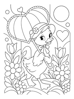 A sweet vintage valentine coloring page showing a little duckling holding a heart parasol among flowers.
