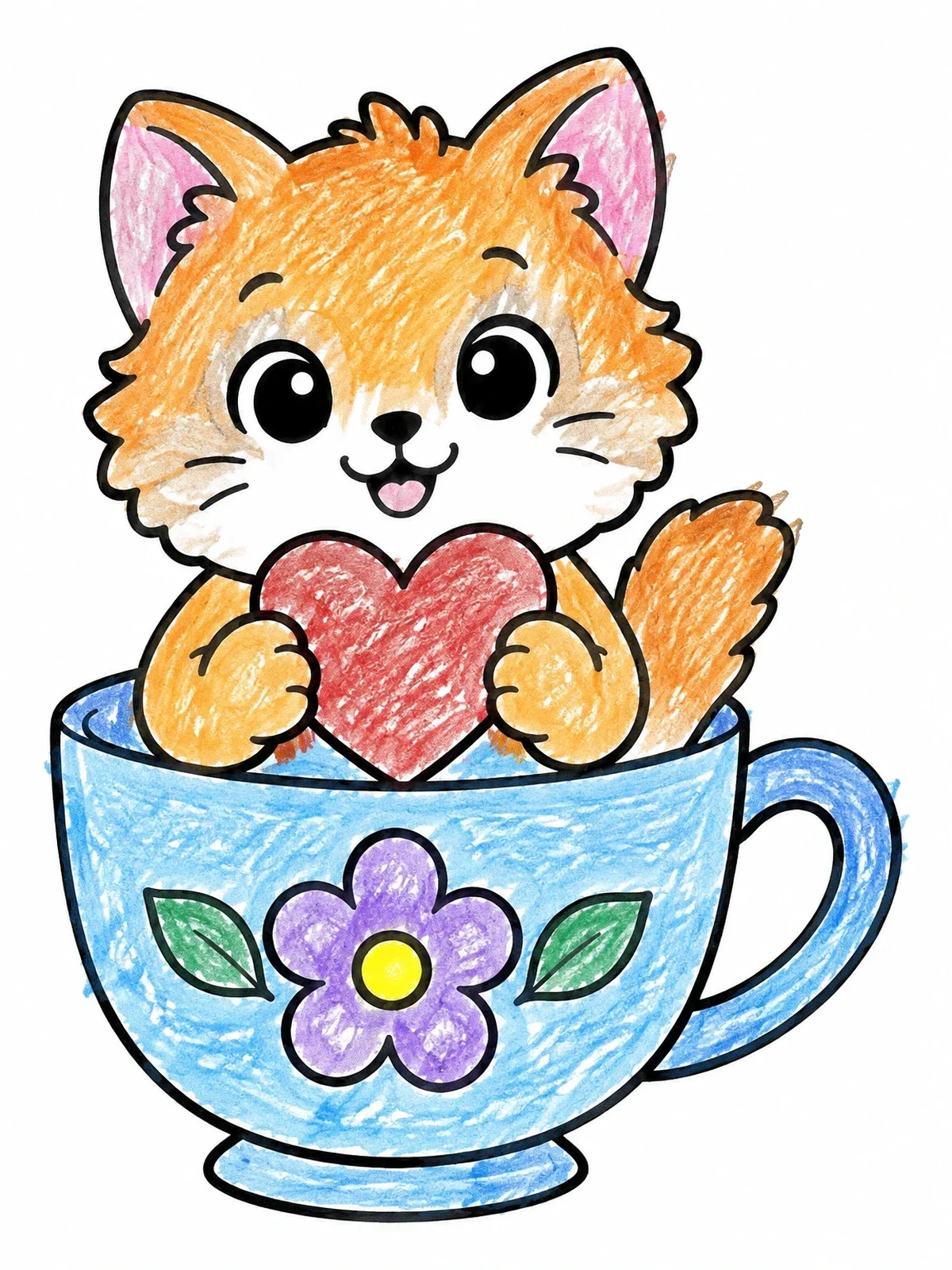 Colored example of the Fluffy Kitten In A Teacup coloring page