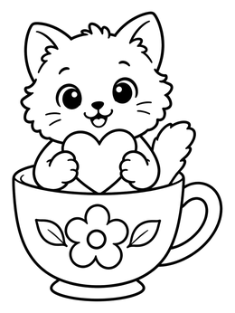 Free printable Fluffy Kitten In A Teacup coloring page