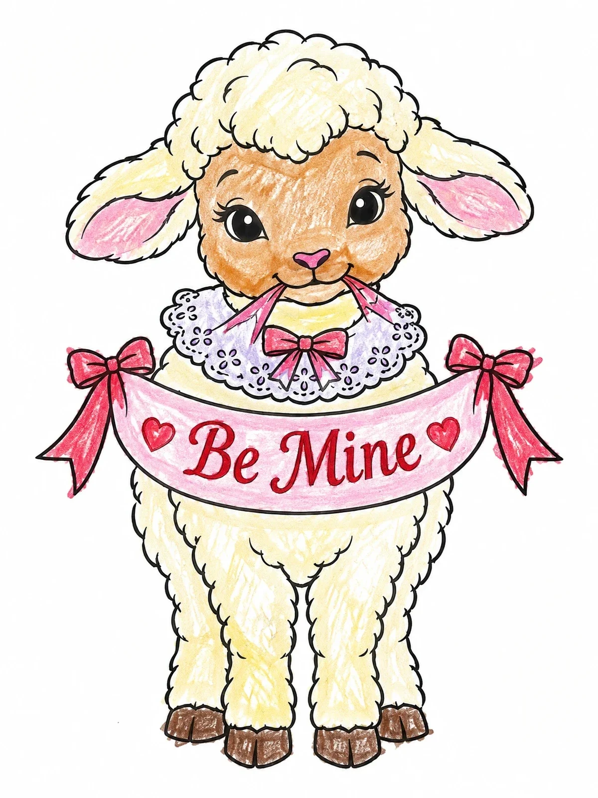 Colored example of the Fluffy Lamb With Valentine Banner coloring page