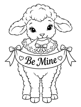 A fluffy little lamb holds a Be Mine banner in this vintage valentine coloring page.