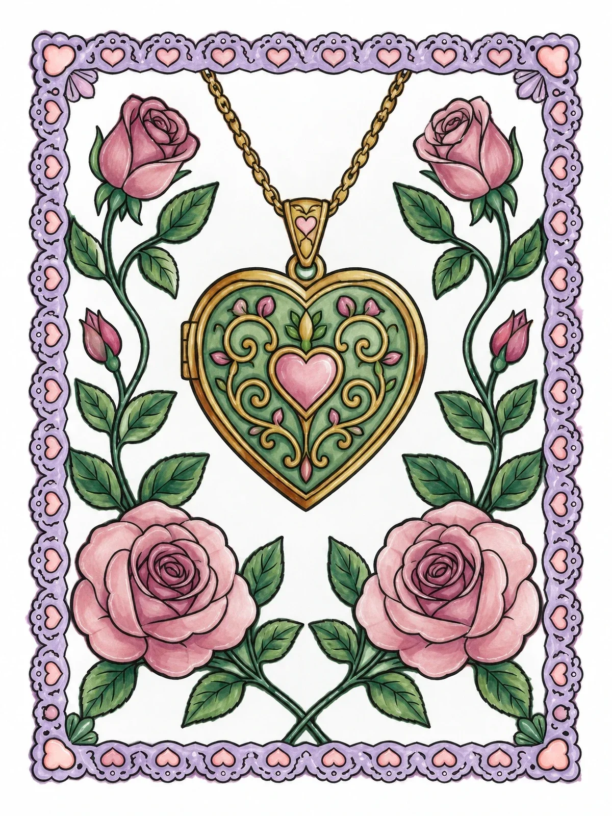 Colored example of the Heart Locket With Rose Vines coloring page