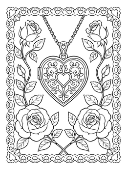 An ornate heart locket and roses feature in this vintage valentine coloring page.