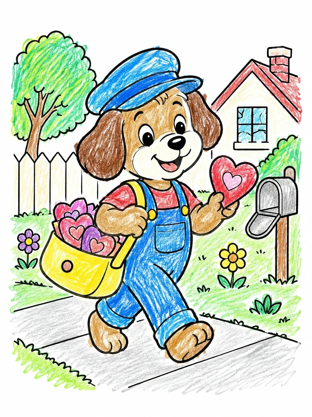 Colored example of the Puppy Mail Carrier Delivering Valentines coloring page