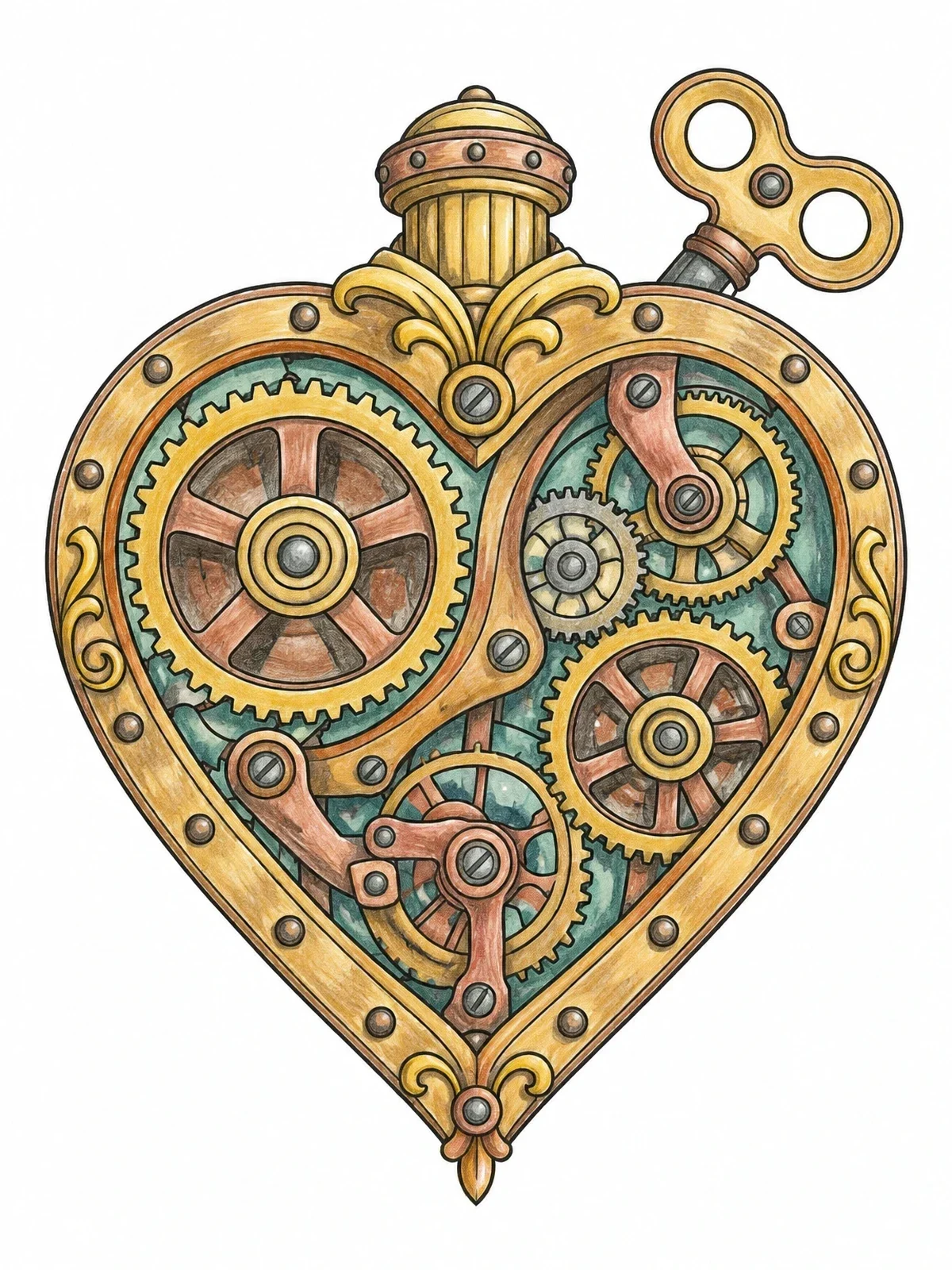 Colored example of the Steampunk Clockwork Heart With Gears coloring page