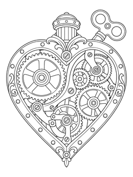 A vintage valentine coloring page featuring an ornate steampunk clockwork heart with gears and a key.