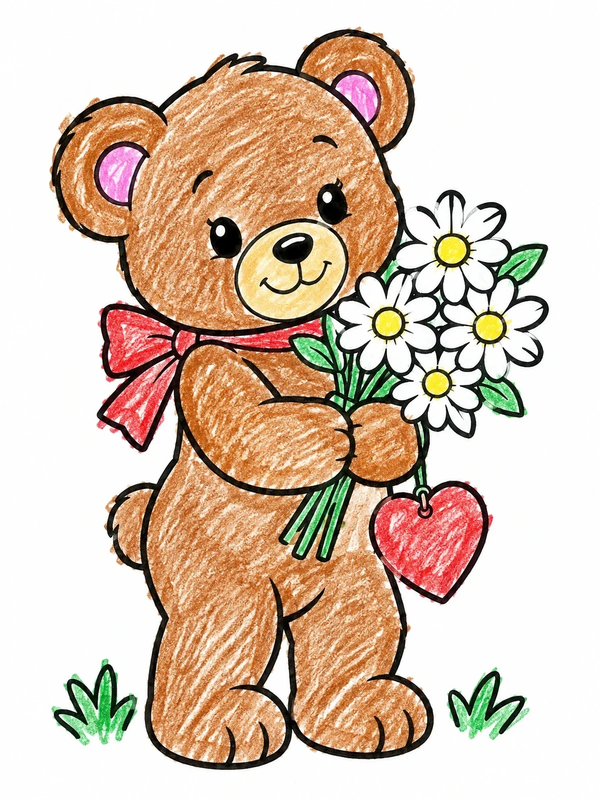Colored example of the Teddy Bear With Daisy Bouquet coloring page