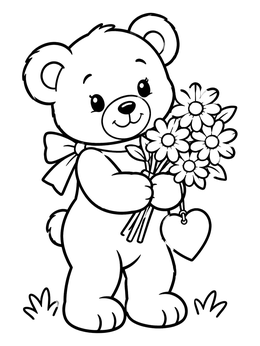 Free printable Teddy Bear With Daisy Bouquet coloring page