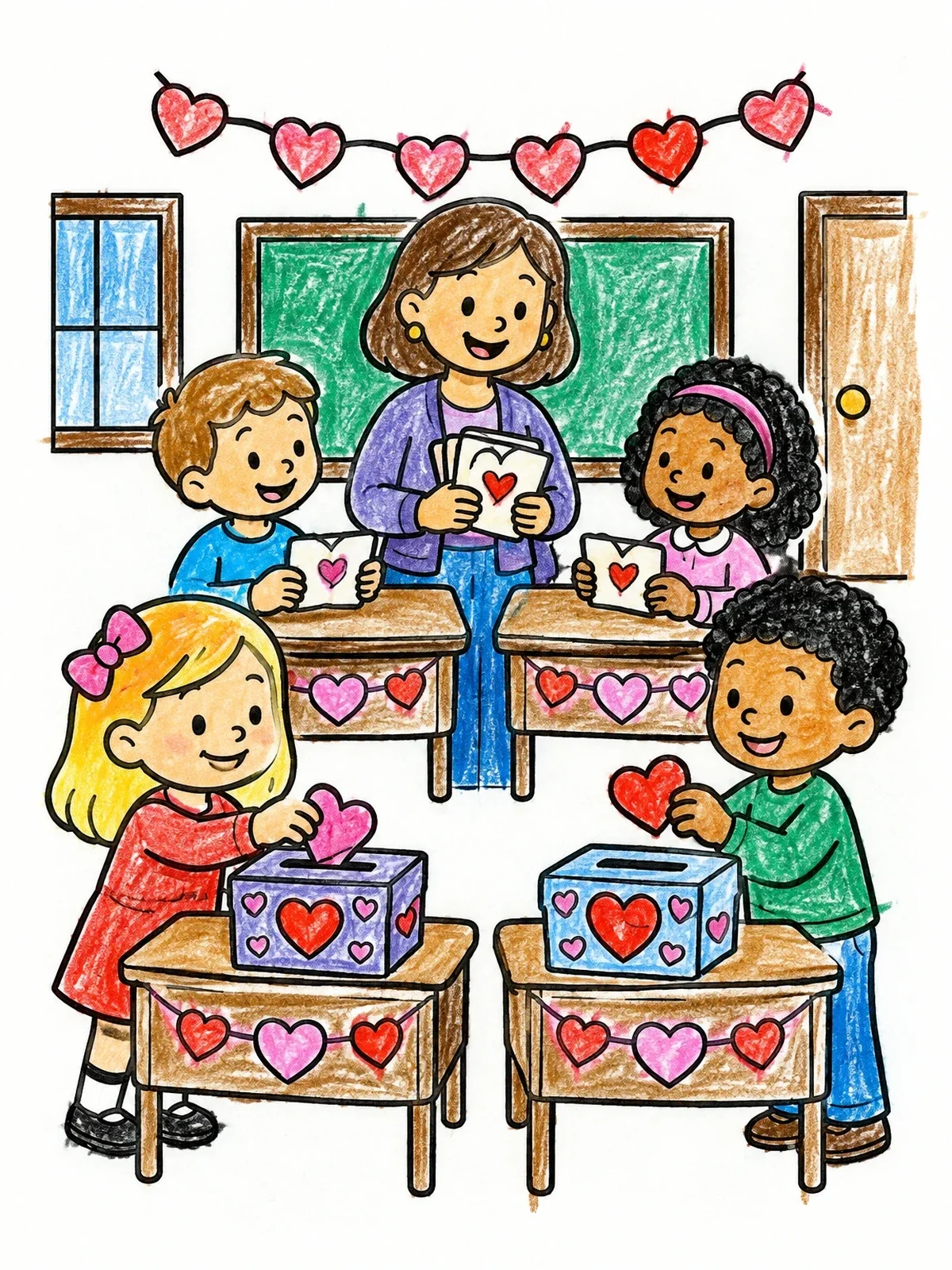 Colored example of the Valentine's Day Classroom Party coloring page