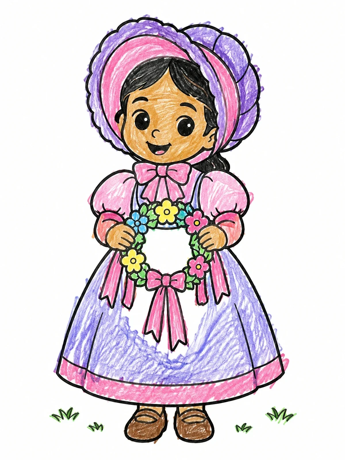 Colored example of the Victorian Girl With Flower Wreath coloring page