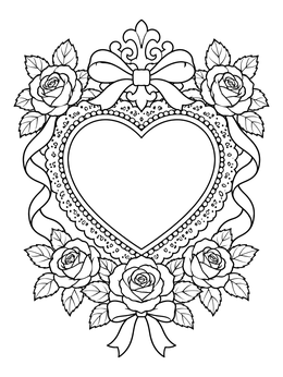 Free printable Victorian Heart Frame With Roses coloring page